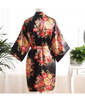 Robes Womens Floral Kimono Robe Short Flower Print Dressing Gowns Bride Bridesmaids - Black - CQ18R5NSL0X