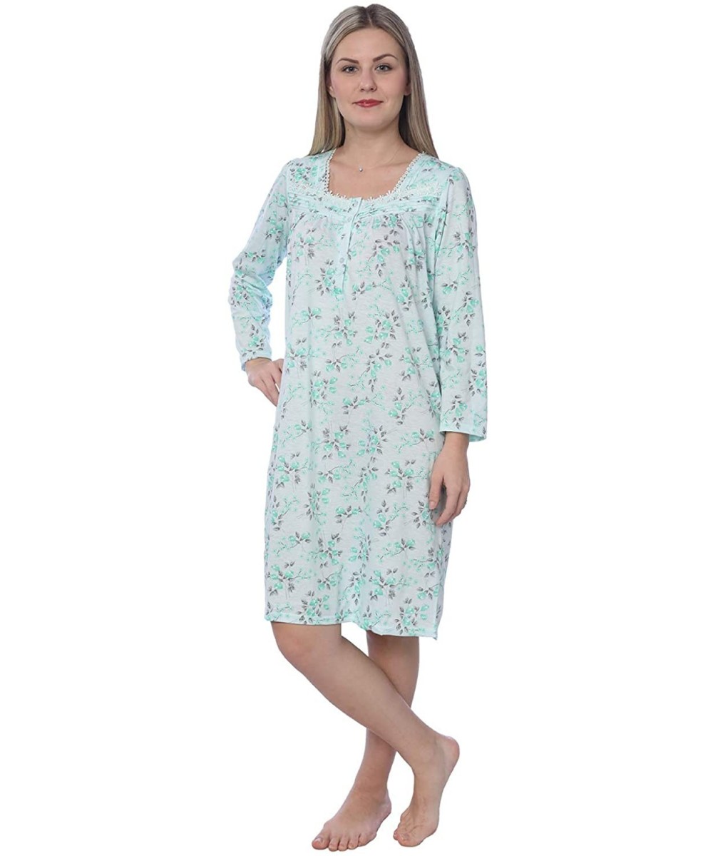 Nightgowns & Sleepshirts Women's Floral Cotton Blend Long Sleeve Nightgown Available in Plus Size - Green Square Neck - CY192...