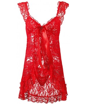 Baby Dolls & Chemises Women Plus Size(S-6XL) Transparent Babydoll Teddy Lingerie Open Front - Red - CR18DXKRM4G