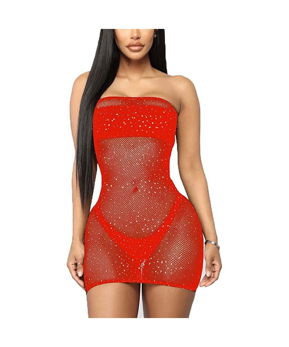 Baby Dolls & Chemises Women Sexy Fishnet Mini Dress See Through Babydoll Mesh Rhinestone Lingerie Tube Dress - Red - CM194XE8778