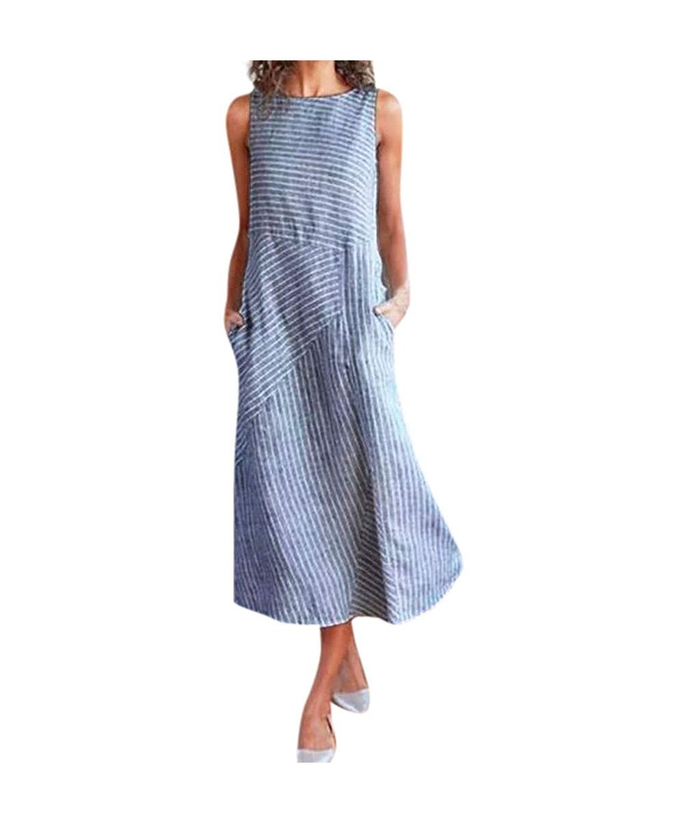 Tops Fashion Cotton Dress Sleeveless Loose Striped Summer Dress Festive Linen Elegant Long Dresses with Pockets - Blue - CY19...