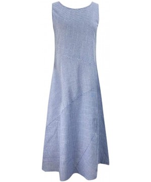 Tops Fashion Cotton Dress Sleeveless Loose Striped Summer Dress Festive Linen Elegant Long Dresses with Pockets - Blue - CY19...