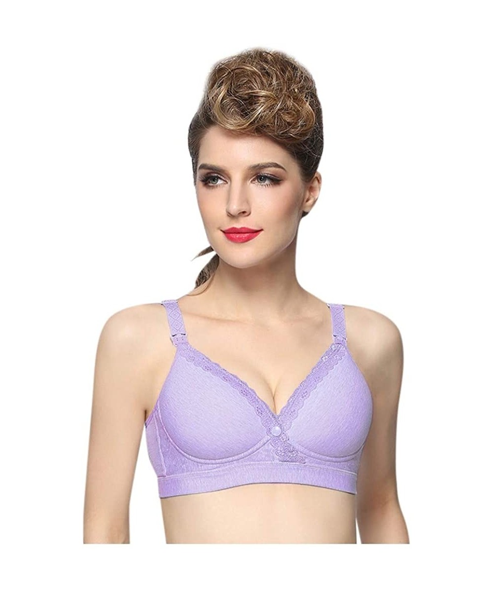 Bras Women's Adjustable Sports Front Closure Extra-Elastic Breathable Lace Trim Bra - Purple - CU18YYS0E8Y