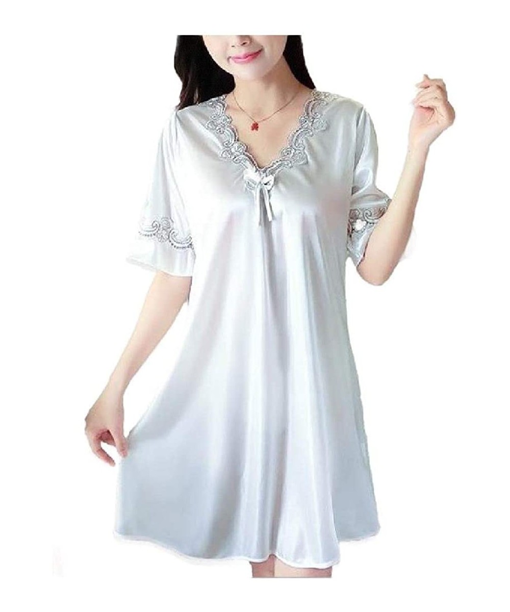 Nightgowns & Sleepshirts Women's Charmeuse Baggy Lounger Short Sleeves V-Neck Sleeping Dress - As3 - CA19E78Z8OX