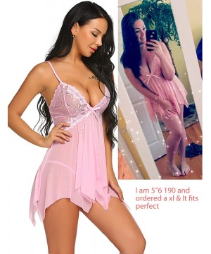 Baby Dolls & Chemises Women Lingerie Lace Babydoll V Neck Sleepwear Strap Chemise - Pink - CR18UUK6C92