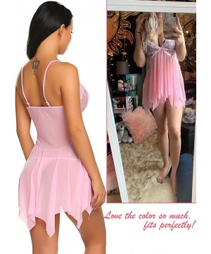 Baby Dolls & Chemises Women Lingerie Lace Babydoll V Neck Sleepwear Strap Chemise - Pink - CR18UUK6C92