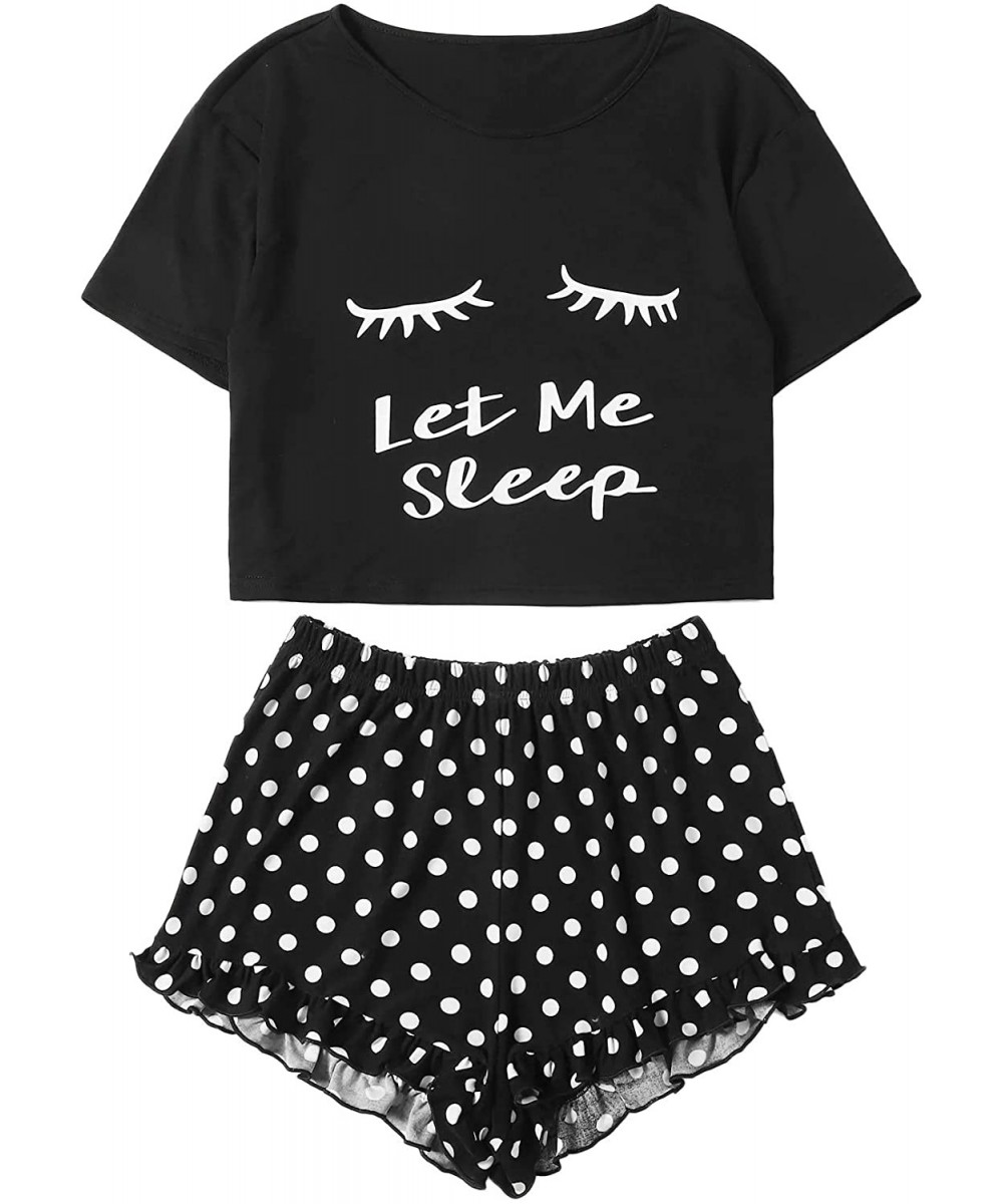 Sets Women Casual Pajamas Sleepwear Sets Polka Dots Shorts Tops Two Piece Set - Black - CN18WL7ESC2