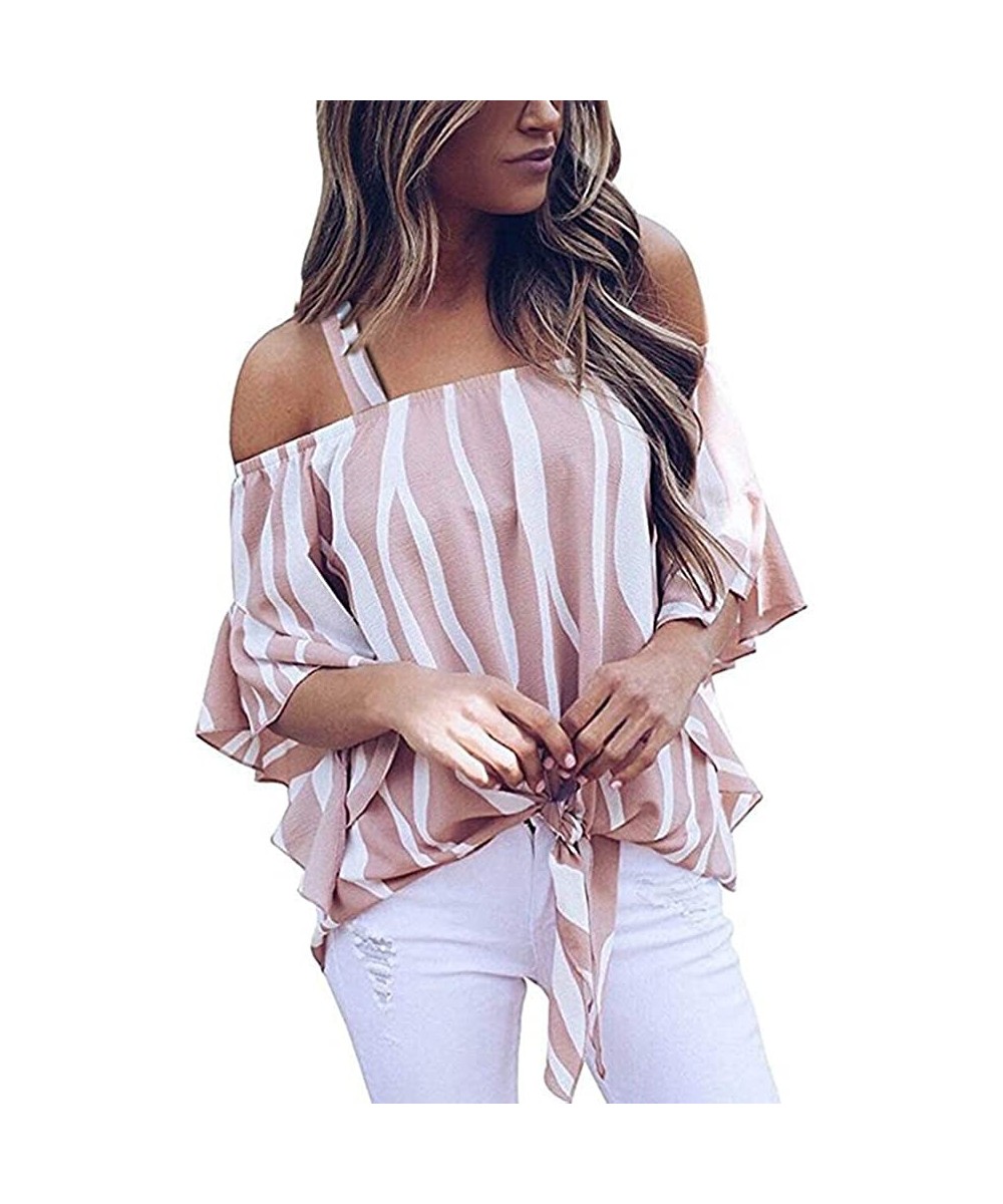 Tops Blouse Long Sleeve Shirt- Women's Striped Off Shoulder Bell Sleeve Shirt Tie Knot Casual Blouses Tops - A-pink - C418Y4T...