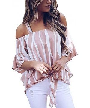 Tops Blouse Long Sleeve Shirt- Women's Striped Off Shoulder Bell Sleeve Shirt Tie Knot Casual Blouses Tops - A-pink - C418Y4T...