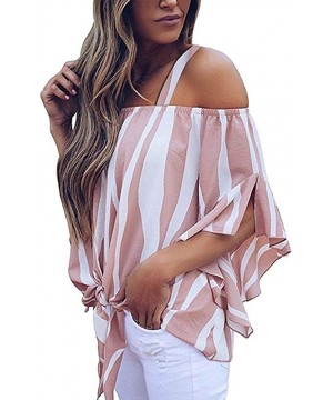 Tops Blouse Long Sleeve Shirt- Women's Striped Off Shoulder Bell Sleeve Shirt Tie Knot Casual Blouses Tops - A-pink - C418Y4T...