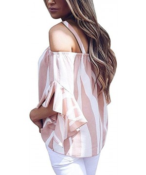 Tops Blouse Long Sleeve Shirt- Women's Striped Off Shoulder Bell Sleeve Shirt Tie Knot Casual Blouses Tops - A-pink - C418Y4T...