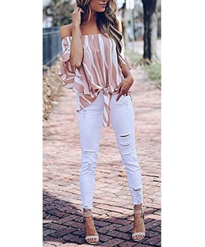 Tops Blouse Long Sleeve Shirt- Women's Striped Off Shoulder Bell Sleeve Shirt Tie Knot Casual Blouses Tops - A-pink - C418Y4T...