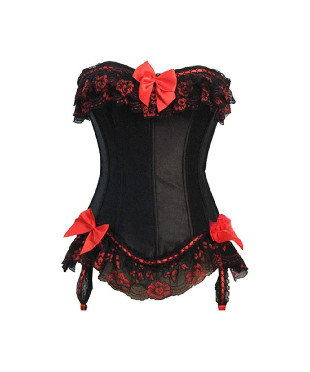 Bustiers & Corsets Womens Waist Cincher Bustier Boned Corset Floral Lace Trim Bow Corset Overbust Waist Plus Size Cincher Bus...