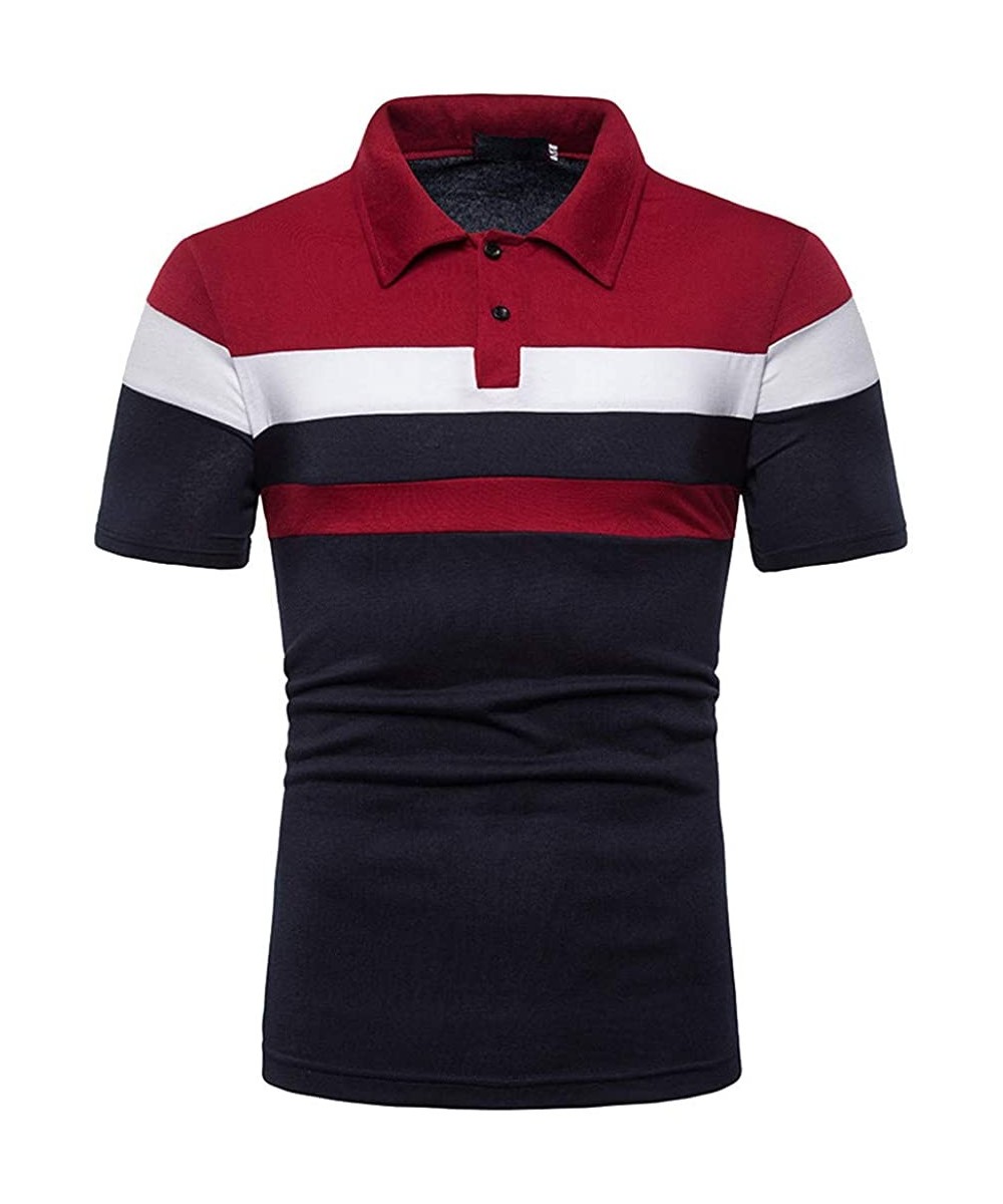 Sleep Tops Mens Summer Slim Fit Tshirt Contrast Color Stitching Stripe Short Sleeve Casual Polo Shirt - Navy - C3194Q3M0S3