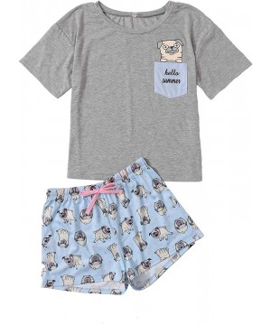 Sets Women's Cartoon Graphics Print Tie Front Tee and Shorts Pajama Set - Dog Grey - CX190XGK9G0