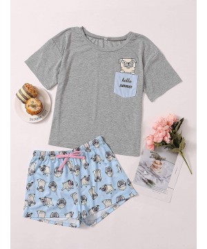 Sets Women's Cartoon Graphics Print Tie Front Tee and Shorts Pajama Set - Dog Grey - CX190XGK9G0