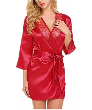 Robes Lace Splicing Sleepwear-Women's Sexy Satin Robe-Kimono Strap Nightwear-Silk V Neck Babydoll Dressing Gown - Red - C4194...