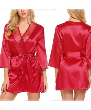 Robes Lace Splicing Sleepwear-Women's Sexy Satin Robe-Kimono Strap Nightwear-Silk V Neck Babydoll Dressing Gown - Red - C4194...