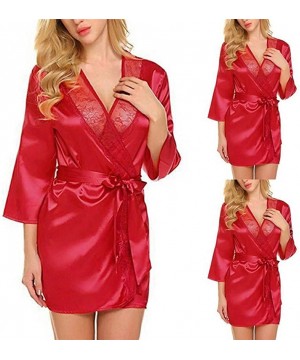 Robes Lace Splicing Sleepwear-Women's Sexy Satin Robe-Kimono Strap Nightwear-Silk V Neck Babydoll Dressing Gown - Red - C4194...