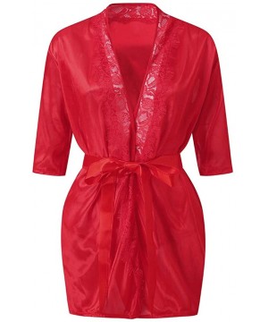 Robes Lace Splicing Sleepwear-Women's Sexy Satin Robe-Kimono Strap Nightwear-Silk V Neck Babydoll Dressing Gown - Red - C4194...