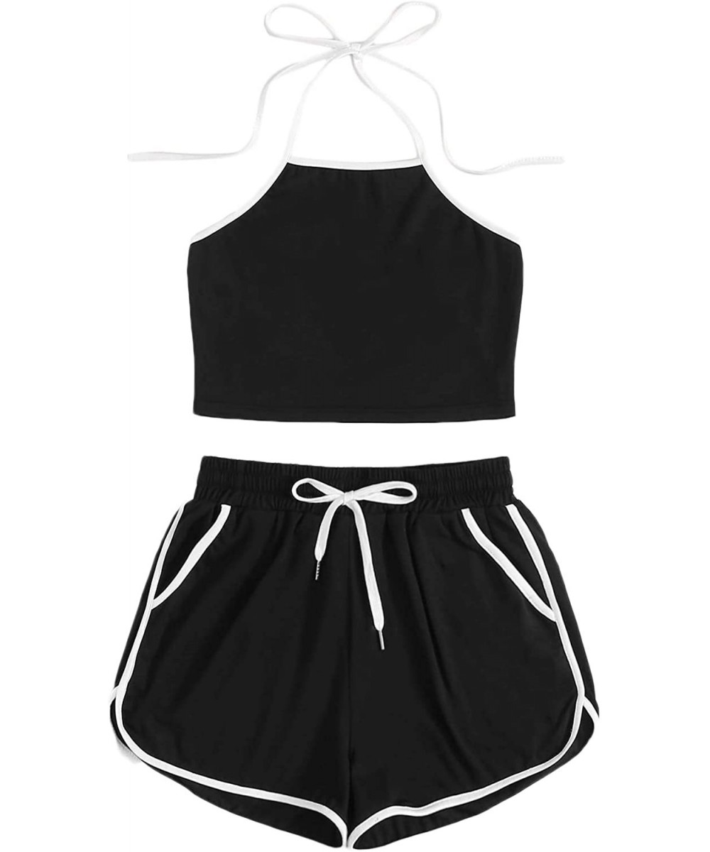 Sets Women's Solid 2 Piece Sleeveless Halter Crop Top Camisole with Sportswear Shorts - Black - C8199MO2MQ2