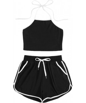 Sets Women's Solid 2 Piece Sleeveless Halter Crop Top Camisole with Sportswear Shorts - Black - C8199MO2MQ2