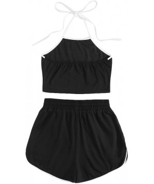 Sets Women's Solid 2 Piece Sleeveless Halter Crop Top Camisole with Sportswear Shorts - Black - C8199MO2MQ2