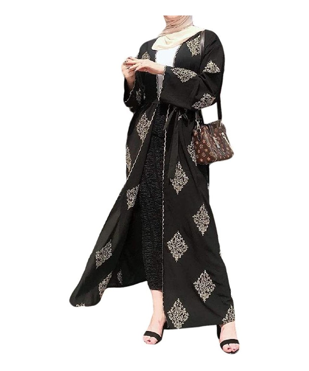 Robes Womens Vintage Dubai Embroidered Muslim Belted Islamic Kaftan Abaya - Black - CL19DHUOII0