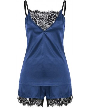 Sets Women's Satin Pajama Cami Set Silky Lace Nightwear 2 Piece Lingerie Short Sleepwear - A - Dark Blue - C51952DMYSD