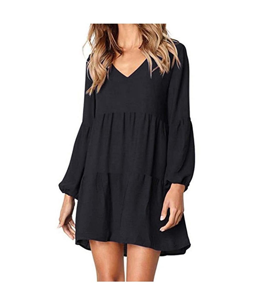 Slips Fashion Women O-Neck Long Lantern Sleeve Ladies Dress Casual Loose Holiday Party Short Mini Dresses - 0ablack - C5194W7...