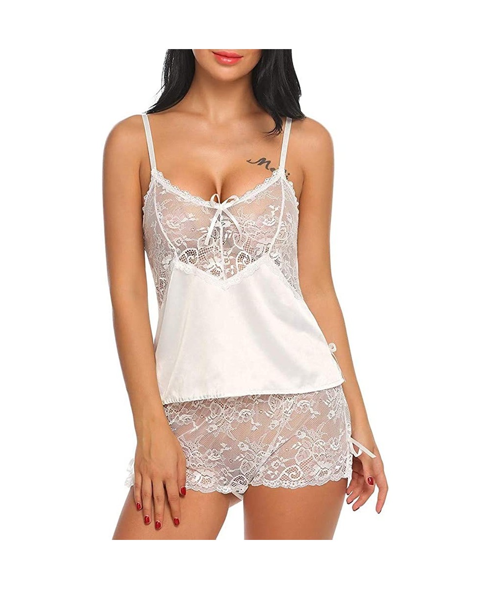 Shapewear Women Lingeries- Plus Size Sexy Lace Lingerie Girl V-Neck Bowknot Sets Sleepwear Thin Exotic Camisole - White - CO1...