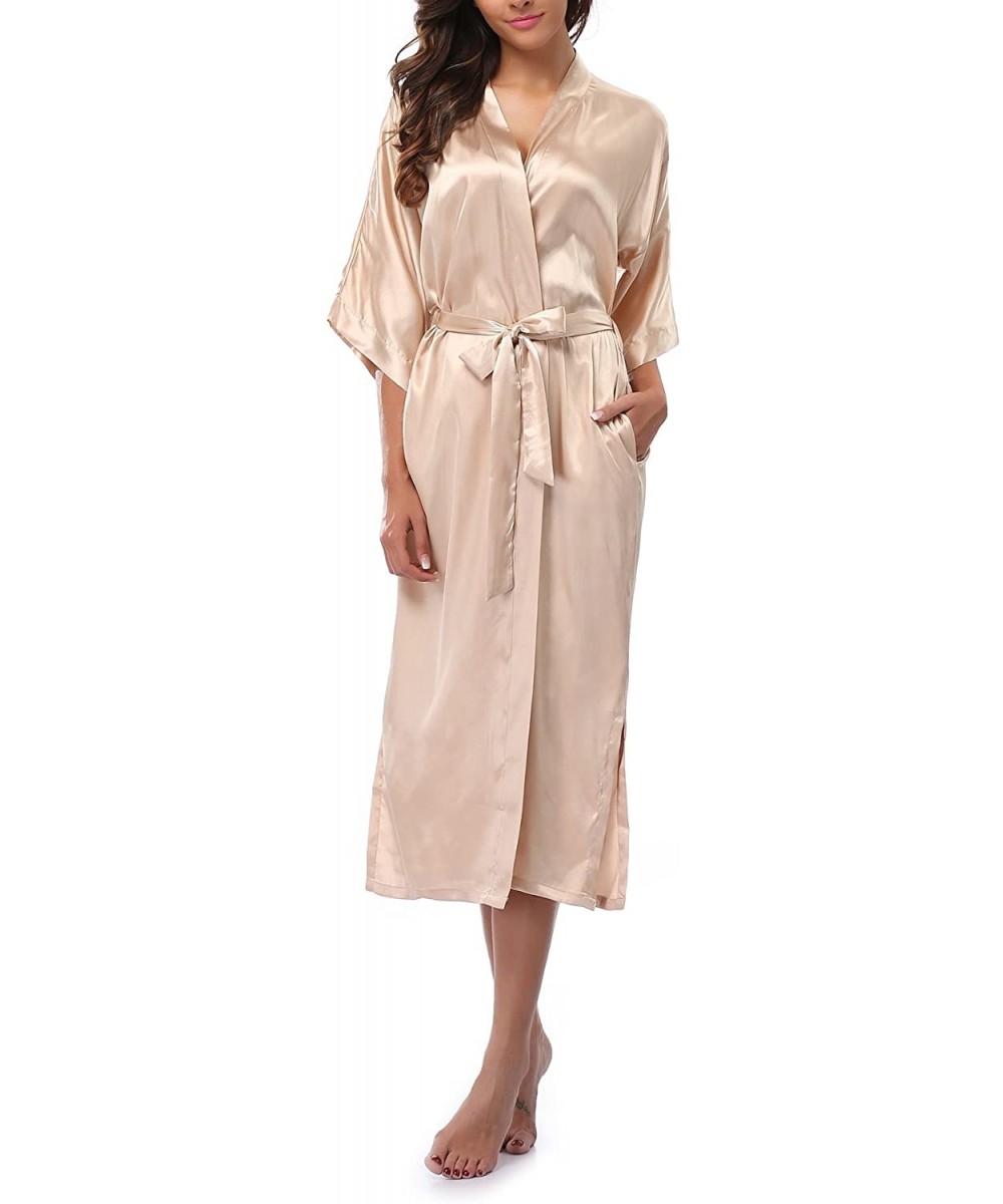 Robes Women's Long Kimono Robe Pure Color Satin Robe Lightweight Nightgown - Champagne - C31898RNID0