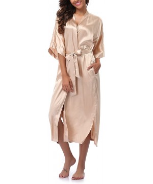 Robes Women's Long Kimono Robe Pure Color Satin Robe Lightweight Nightgown - Champagne - C31898RNID0