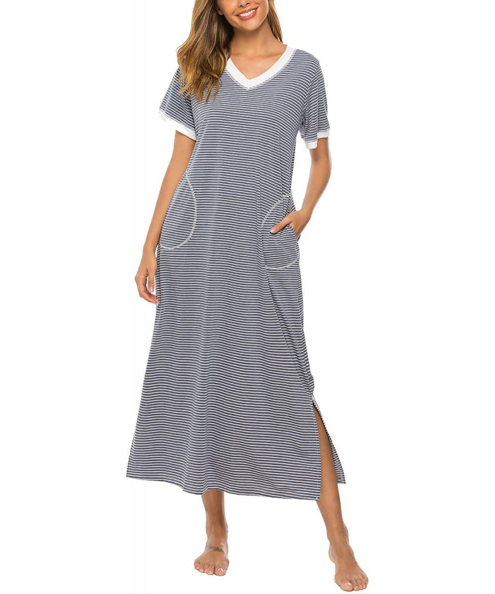 Nightgowns & Sleepshirts Womens Nightgowns Cotton V Neck Night Shirt Short Sleeve Loungewear Plus Size Sleepwear - Blue and W...