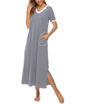 Nightgowns & Sleepshirts Womens Nightgowns Cotton V Neck Night Shirt Short Sleeve Loungewear Plus Size Sleepwear - Blue and W...