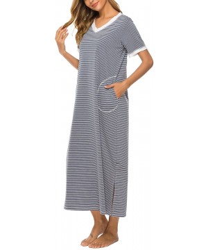 Nightgowns & Sleepshirts Womens Nightgowns Cotton V Neck Night Shirt Short Sleeve Loungewear Plus Size Sleepwear - Blue and W...