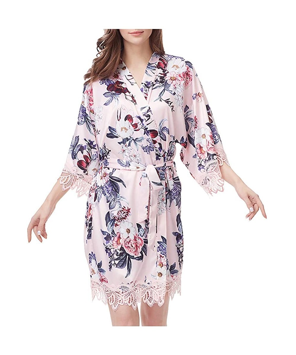 Robes Women Simulation Silk Print Bride Robe Fashion Gown Bath Robe Lingerie Sleepwear - Pink - CA194L8524S