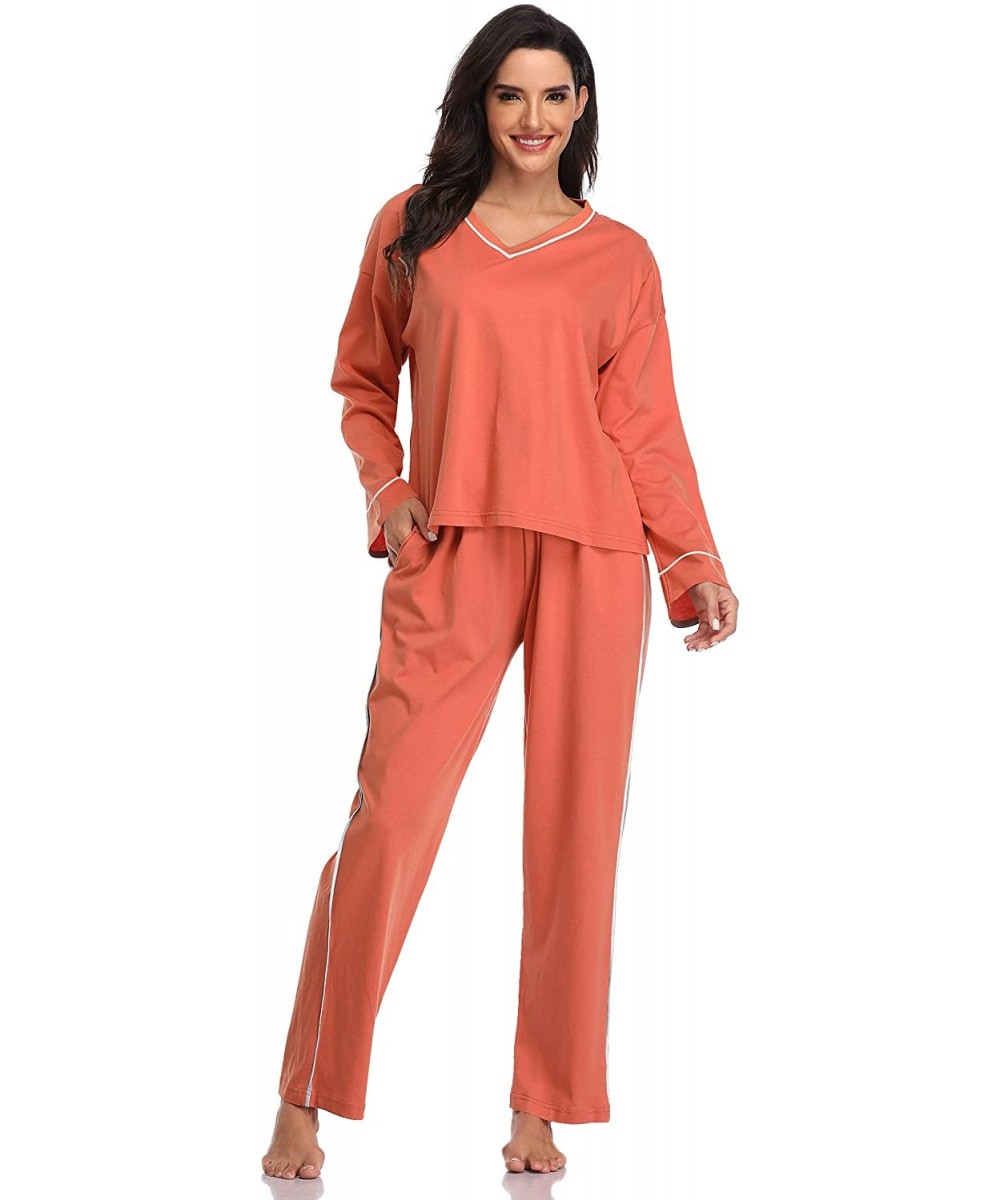 Sets Pajamas Set for Women Soft Cotton Pjs Long Sleeve Sleepwear Jersey Sets - Brick Red - CQ18Y7NK4T0