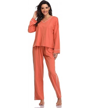 Sets Pajamas Set for Women Soft Cotton Pjs Long Sleeve Sleepwear Jersey Sets - Brick Red - CQ18Y7NK4T0