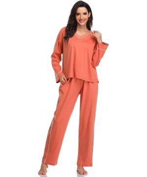 Sets Pajamas Set for Women Soft Cotton Pjs Long Sleeve Sleepwear Jersey Sets - Brick Red - CQ18Y7NK4T0