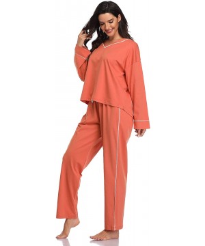 Sets Pajamas Set for Women Soft Cotton Pjs Long Sleeve Sleepwear Jersey Sets - Brick Red - CQ18Y7NK4T0