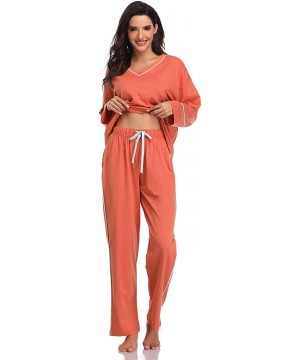 Sets Pajamas Set for Women Soft Cotton Pjs Long Sleeve Sleepwear Jersey Sets - Brick Red - CQ18Y7NK4T0