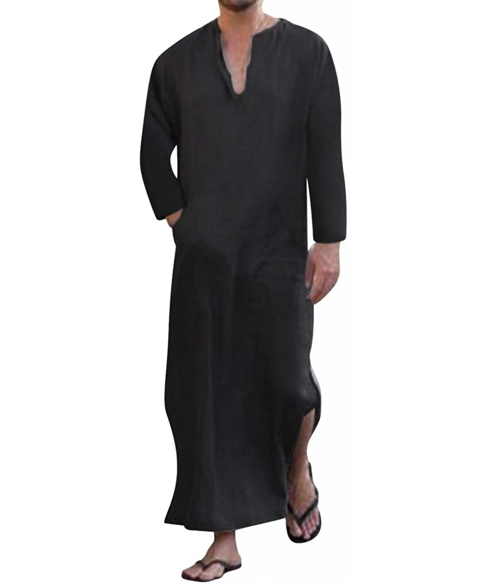 Robes Men's V-Neck Short Sleeve Home Robe Side Split Kaftan Cotton Long Gown Thobe - Black 1 - CS18TIN2ULX