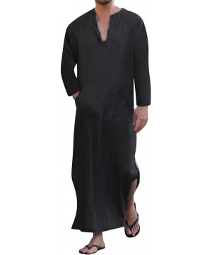 Robes Men's V-Neck Short Sleeve Home Robe Side Split Kaftan Cotton Long Gown Thobe - Black 1 - CS18TIN2ULX