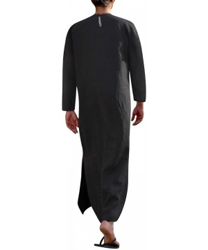 Robes Men's V-Neck Short Sleeve Home Robe Side Split Kaftan Cotton Long Gown Thobe - Black 1 - CS18TIN2ULX