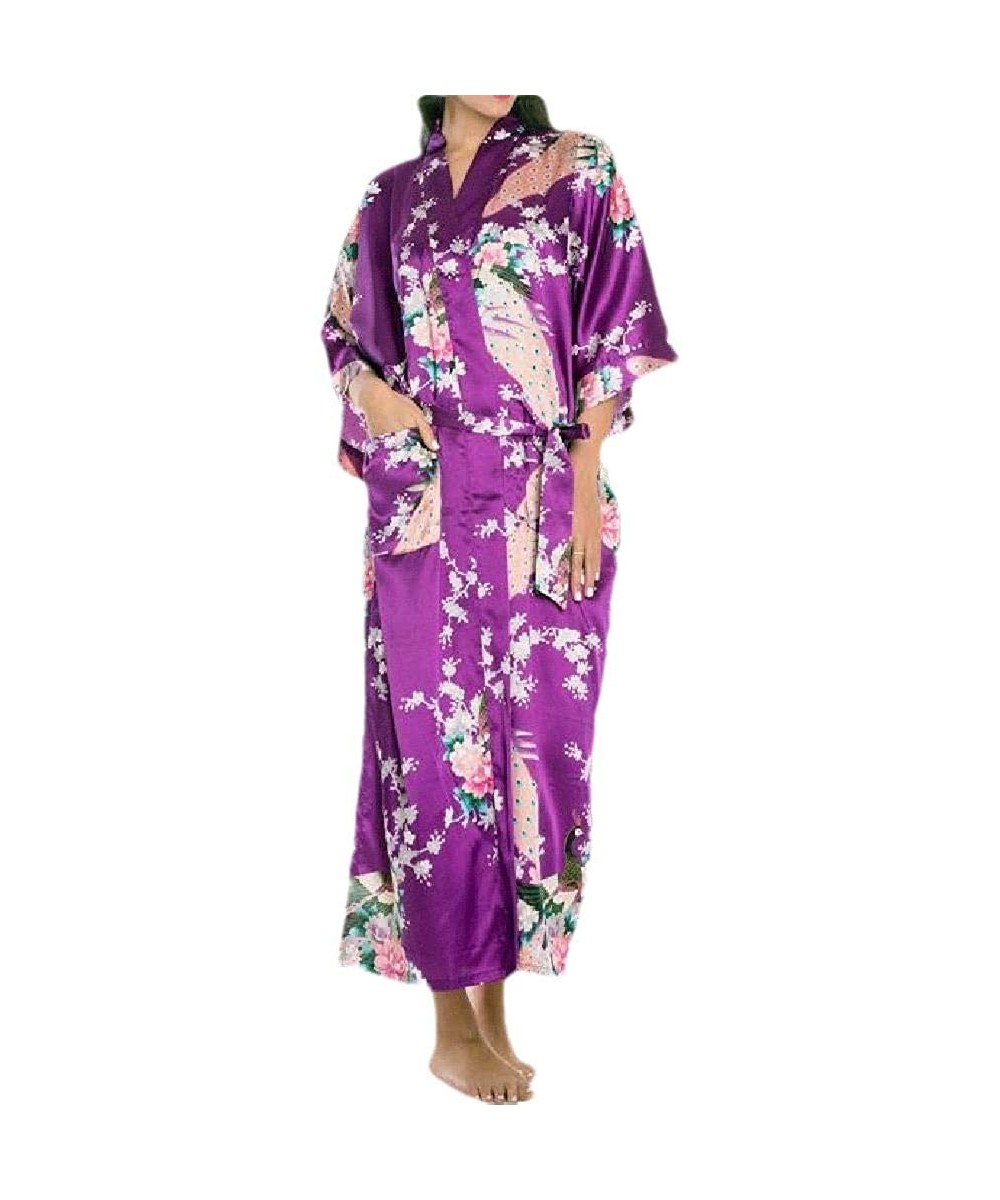 Robes Women's Charmeuse Cozy 3/4 Sleeve Style Soft Floral Print Kimono - Purple - CA199SNR40G