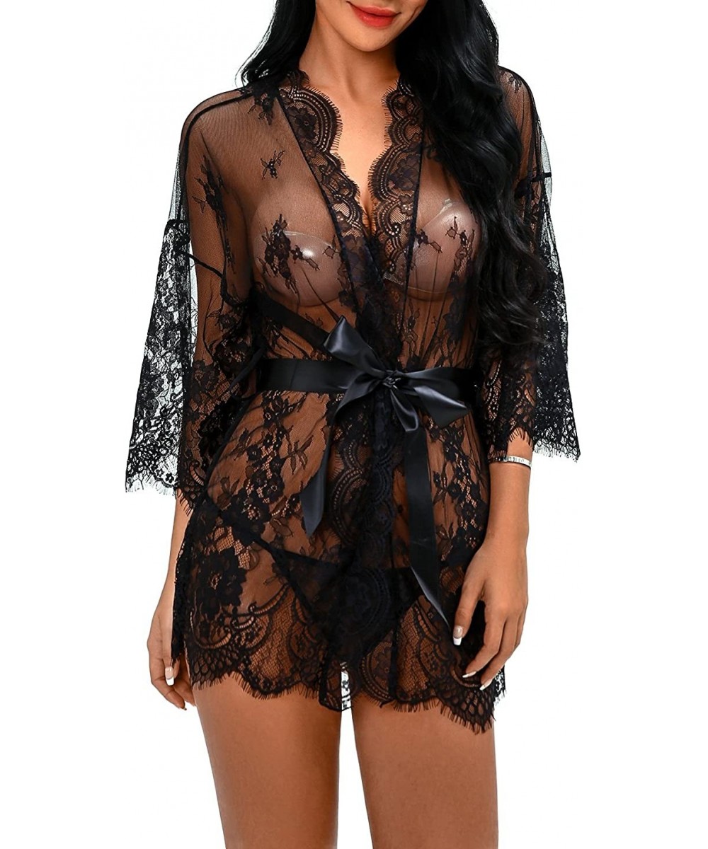 Baby Dolls & Chemises Women's Lace Kimonos Lingerie Sexy Mesh Babydoll Floral Robe Nightwear - Black - CC18E30E3ZQ