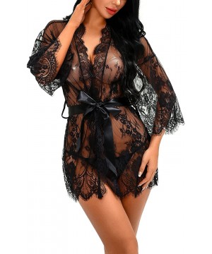 Baby Dolls & Chemises Women's Lace Kimonos Lingerie Sexy Mesh Babydoll Floral Robe Nightwear - Black - CC18E30E3ZQ