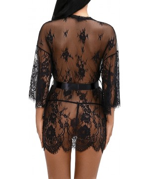 Baby Dolls & Chemises Women's Lace Kimonos Lingerie Sexy Mesh Babydoll Floral Robe Nightwear - Black - CC18E30E3ZQ