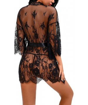 Baby Dolls & Chemises Women's Lace Kimonos Lingerie Sexy Mesh Babydoll Floral Robe Nightwear - Black - CC18E30E3ZQ